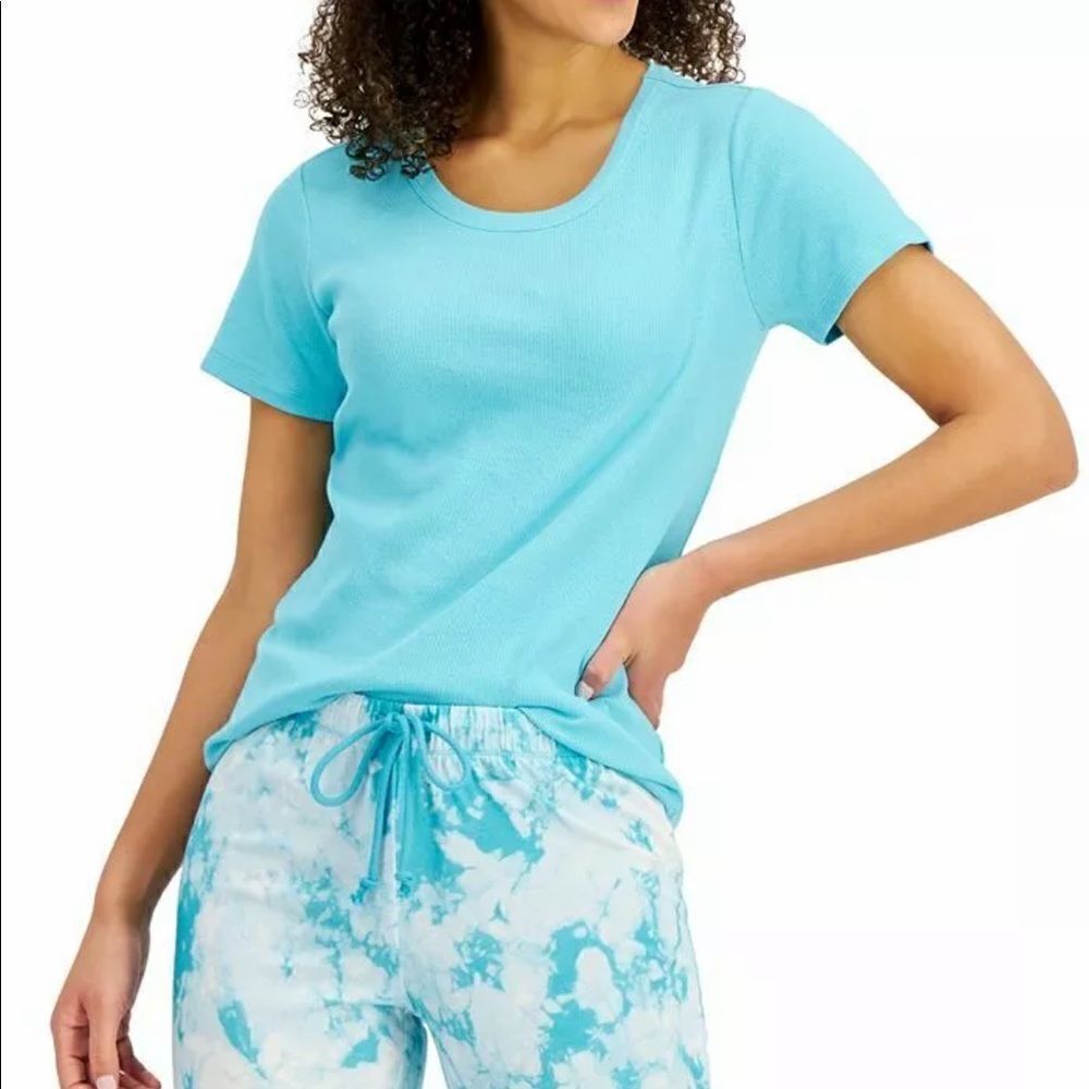 Jenni Turquoise Sea Solid Ribbed Lounge Pajama Short Sleeve Shirt Top Medium NWT